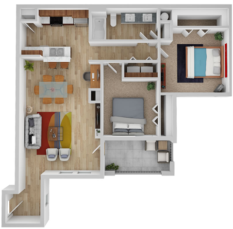 Floor plan for 2 beds, 1 bath, 963 sqft